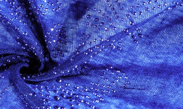 Textuur Achtergrond Patroon Ansichtkaart Blauwe Zijde Met Gelijmde Glasstenen Het — Stockfoto