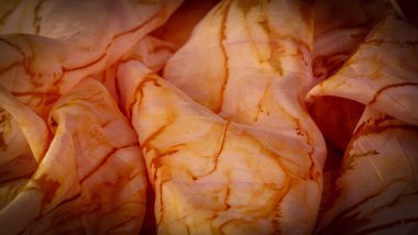 doku, arkaplan, desen, soyut baskılı turuncu ipek kumaş, zemin, bağlam, düşkün, folyo, alan