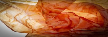 doku, arkaplan, desen, soyut baskılı turuncu ipek kumaş, zemin, bağlam, düşkün, folyo, alan