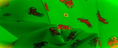 Doku, arkaplan, desen, çiçek saksısı şeklinde ayakkabı izi olan yeşil ipek, Organza ince, pürüzsüz, şeffaf bir kumaştır..