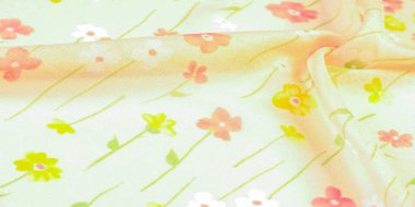 Doku arka planı, ipek kumaş, bej arka planda küçük çiçekler, ince dikiş. Kırmızı, bej renkli ton. Çiçek tasarımı