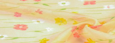 Doku arka planı, ipek kumaş, bej arka planda küçük çiçekler, ince dikiş. Kırmızı, bej renkli ton. Çiçek tasarımı