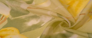 Doku, arka plan, büyük desenli ince yarı saydam ipek. Sarı bir arka plan üzerinde - marul ve turuncu çiçekler, genel kompozisyon biraz soyut kılan kendi desen, her biri ile.