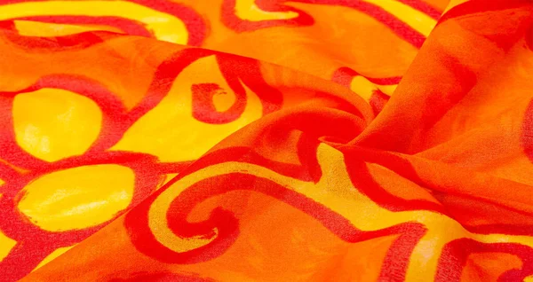 Textura Seda Tecido Fundo Vermelho Com Flores Amarelas Pintadas Tecido — Fotografia de Stock
