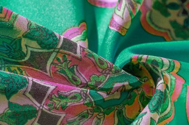 desen, arkaplan, çok renkli ipek kumaş yeşil arka planda desenli, jakoza desenli