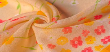 Doku, arka plan, desen, ipek kumaş, bej arka plan üzerinde küçük çiçekler, Ince dikiş. Kırmızı, bej ton izi. Çiçek tasarımı.