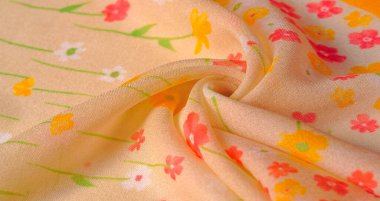 Doku arka planı, ipek kumaş, bej arka planda küçük çiçekler, ince dikiş. Kırmızı, bej renkli ton. Çiçek tasarımı