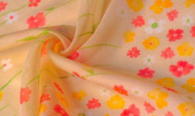 Doku, arka plan, desen, ipek kumaş, bej arka plan üzerinde küçük çiçekler, Ince dikiş. Kırmızı, bej ton izi. Çiçek tasarımı.