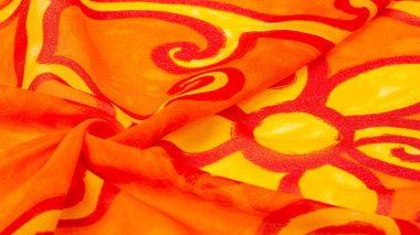 desen ipeği, kumaş kırmızısı arkaplan boyalı sarı çiçekler kumaş desenli çizimler. Parlak sarı çiçekli ve köri renkli çizgili izler avlunun her tarafına yayılmış..