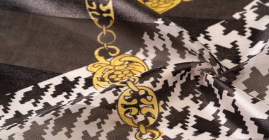 Arkaplan dokusu, dekoratif süs, ipek kumaş tarçın bej ve sarı, resim, geometrik, çiçekli veya diğer elementlerin kombinasyonunun grafik dekorasyonu.