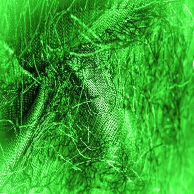 Arkaplan dokusu, dekoratif süs, yeşil ipek kumaş, kumaşta dokuma iplikleri, kabarık efekt, his, görünüş veya yüzey dokusu