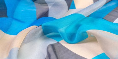 Doku, arka plan, ipek kumaş deseni, dikdörtgen eşkenar dörtgen, bohem baskı, tasarım ve proje aksan için dekoratif kumaş, çok renkli Grunge mavi masmavi bej gri