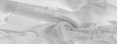 Doku, arka plan, gri çiçekli beyaz ipek süs. Kumaşın bir Jacquard dokuması var. Bu kumaş sayesinde yumuşak bir şekilde parıldayan saten bölümler elde etti.