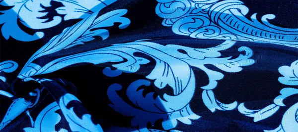 Текстура Фон Черная Шелковая Ткань Монограммой Узор Изысканный Узор Филигранной — стоковое фото