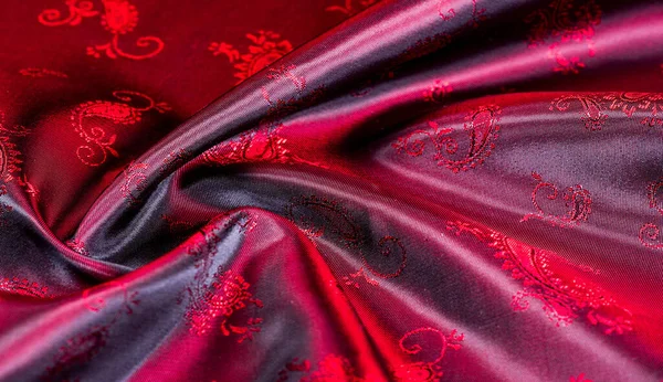 Texture Fabric Red Silk Paisley Pattern Beautiful Printed Silk Charmeuse — Stock Photo, Image