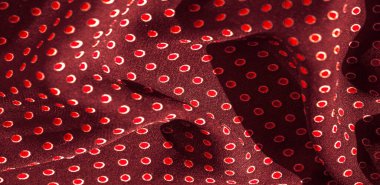 Doku arka plan, desen, kırmızı polka noktaları ile kırmızı ipek kumaş. Hafif ve ipeksi-yumuşak saten kolye tasarım, online projeler için idealdir. Ayrıca ekran koruyucular ve duvar kağıtları için mükemmel