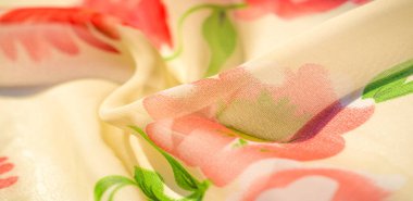 Kumaş arka plan, desen, duvar kağıdı. bej ipek kumaş, kırmızı gül deseni. Üzerinde baskı olan bu ipek kumaş senin projelerin için mükemmel, internet dekorasyonu. Renkler arasında bej yeşil ve kırmızı