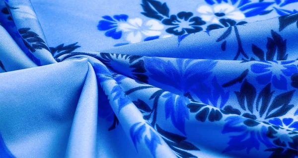 Textura Fondo Patrón Delicada Seda Azul Con Estampado Floral Tejido —  Fotos de Stock