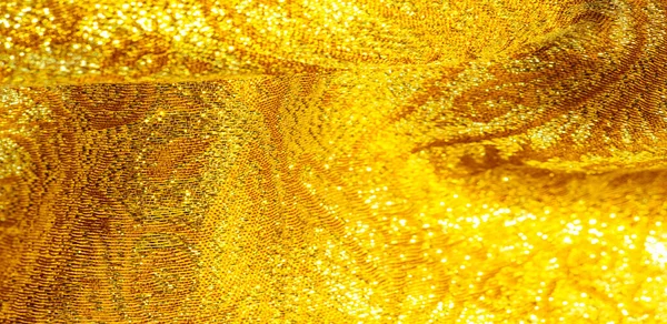 Текстура Фона Рисунок Ткань Желтая Золотая Парча Органза Парчовая Ткань — стоковое фото