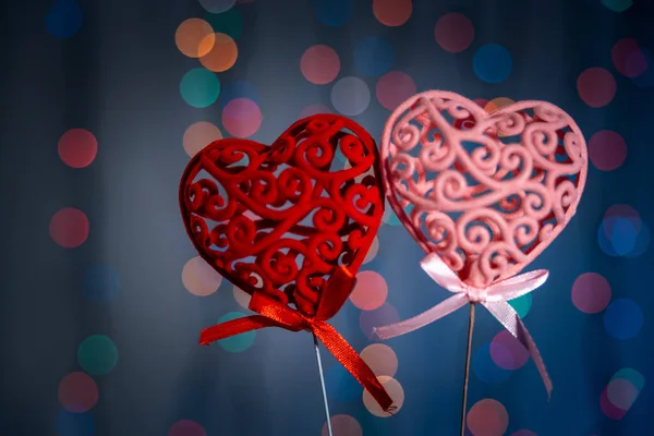 Valentines day, romantic still life two hearts, blurred background, bokeh effect, shallow depth of field. Beautiful holiday picture. — ストック写真