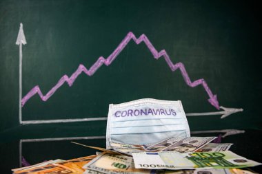 Coronavirus inscription on a medical mask on top of world international banknotes, in the background a blackboard with a stock chart with a negative trend. US dollars and Euro Coronavirus warning.