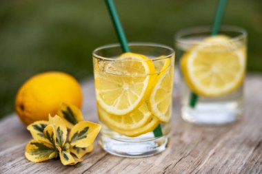 Yaz içeceği, limon dilimleriyle dolu bir bardak su, güneşli sıcak bir günde çimenlikte tahta bir tahta üzerinde durmak, arka plan bulanık, sığ bir alan derinliği, seçici bir odak noktası..