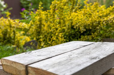Eski püskü güverte, yeşil bahçe arka planı ve güneş ışığı.