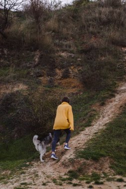 Sarı kazaklı genç bir kadın kumsalda bir köpekle oynar (gri ve beyaz husky)