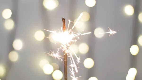 Havai fişek fişeklerinin yakın çekimi. Mavi arka planda havai fişek yanığı