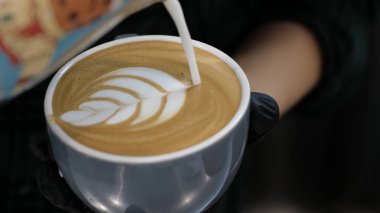 Barista iş başında. Kahve ve kakao yapma süreci. Bir bardak köpüklü süt. Elektrikli Öğütücü kahve çekirdeğini filtre tutacağına öğüttü.