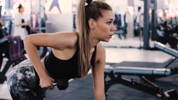 Sexy sportswoman Blonde woman practicing exercises with dumbbell. Portrait of concentrated woman lifting weight in sport club. — Stock Footage Sexy Sportswoman Blonde Woman Practicing Exercises Dumbbell Portrait Concentrated Woman Stock Footage