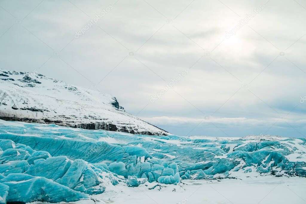 Huge glacier in Iceland. Aerial view of Vatnajokull Icelandic glacier in the mountains
