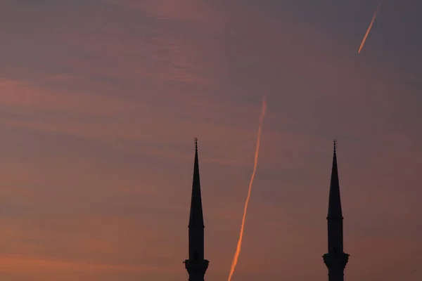 Minaret Mosquée Coucher Soleil Turquie — Photo