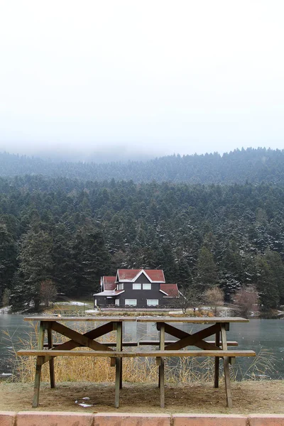 lake house coast Golcuk Lake in winter