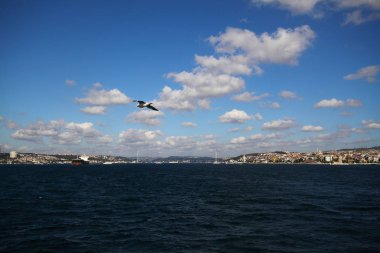 Istanbul'dan Boğaz manzarasına. Deniz cruise şehir manzaralı Boğazı üzerinde. Cityscape Istanbul 'un. Türkiye'ye seyahat.