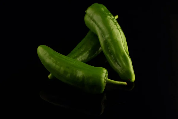 Green Chili Peppers Black Background Close — Stock Photo, Image