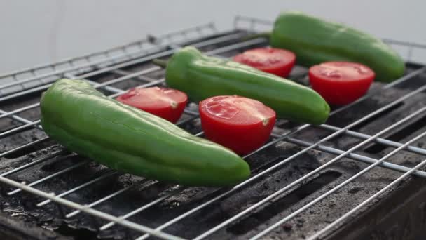 Pomidory Papryka Gotują Węglu Grillu Zewnątrz Wideo Słońcem — Wideo stockowe