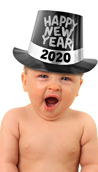 Bébé bâillant portant un tophat Bonne Année 2020. Dors. — Photo