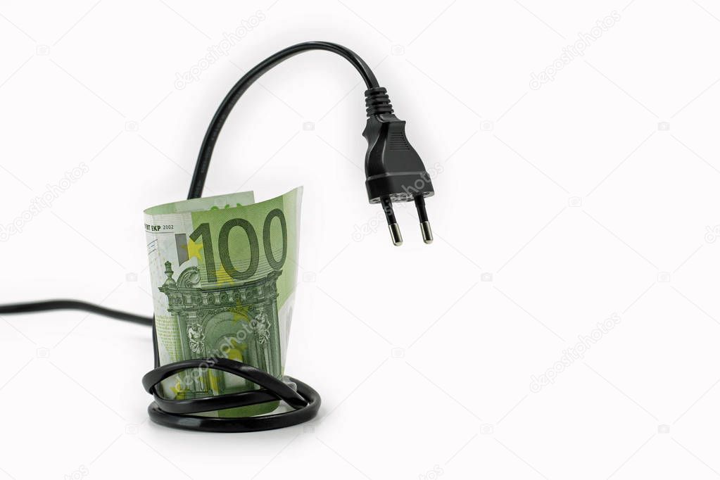 Electricity cable, plug with hundred euro banknote isolated on white background