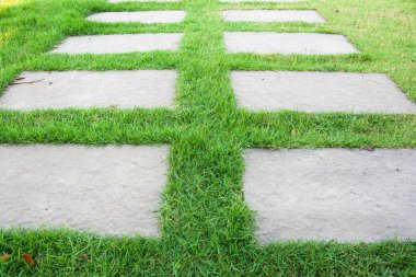 Pad çimenlerin üzerinde yürüyüş yolları taş