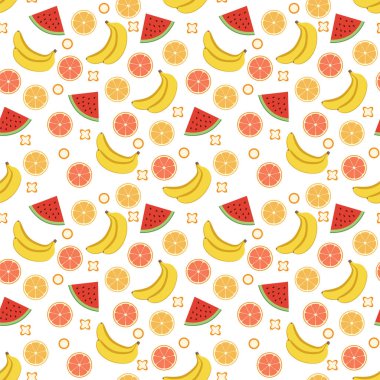 Dikişsiz desen karpuz, muz, limon. Vektör çizim