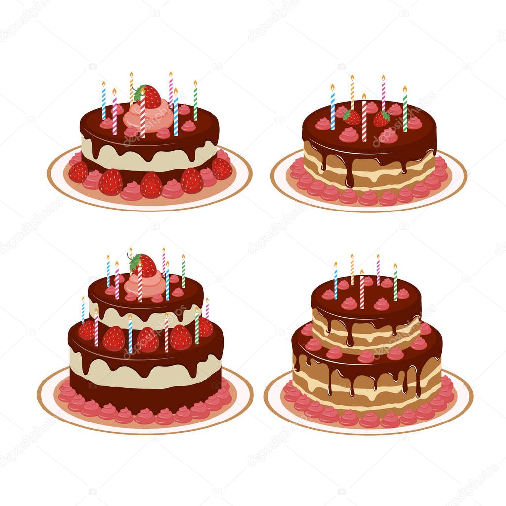 A set of chocolate cakes with candles. Vector illustration