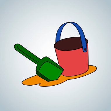 Çocuk kovası, kürek ve kum. Vektör illüstrasyonu