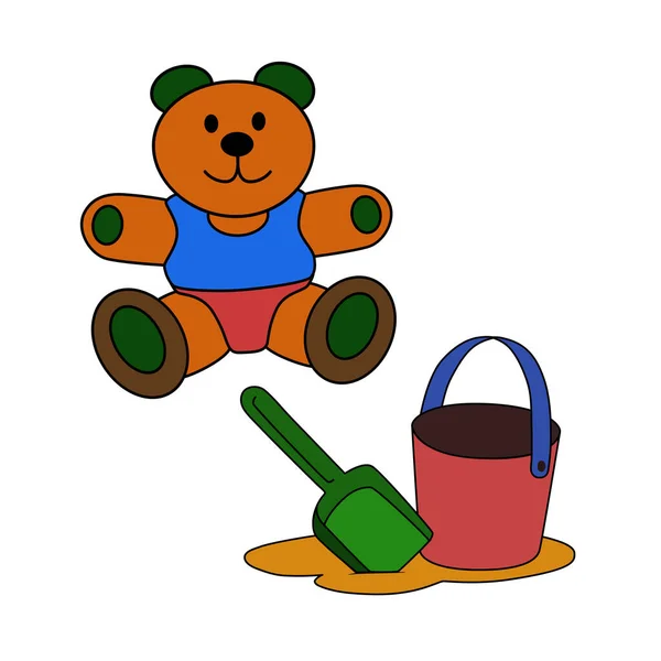 Set Children Toys Teddy Bear Shovel Bucket Sand Vector Illustration — Stock Vector