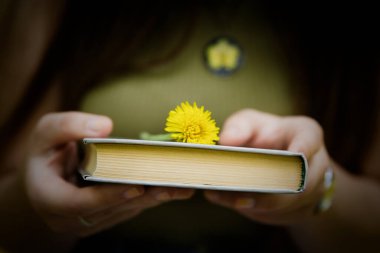 Sarı çiçek kızın elindeki bir kitabın üzerinde