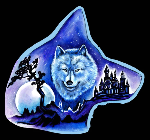 Illustration in the silhouette of a wolf`s head: Portrait of a wolf, outlines of castle, curved tree and blue moon.