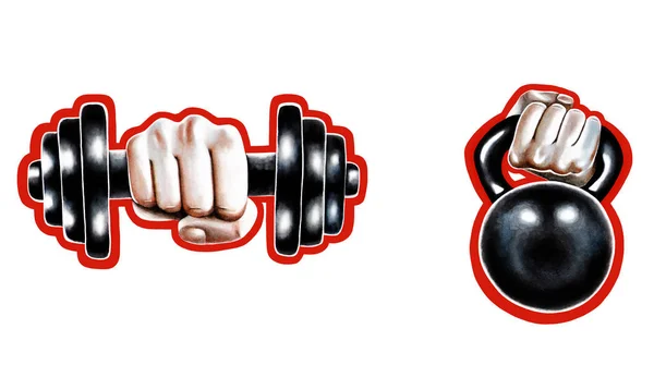 Drawn Hand Sports Emblems Hand Weight Hand Dumbbells — Stock Photo, Image