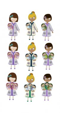 Bir karakter kümesi, yeni doğmuş bir bebek tutan bir kadın doğum uzmanı hemşire