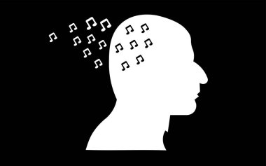 Yan kafa siluet siyah arka plan üzerine beyaz müzik notları