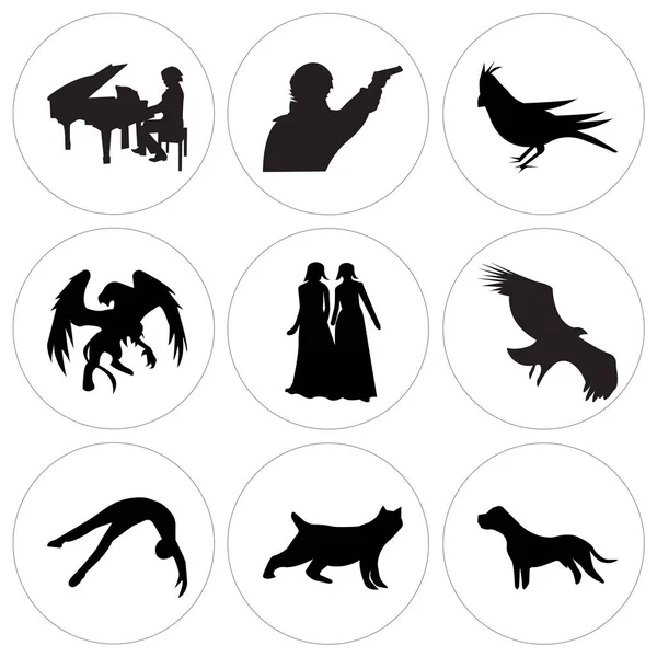 Set Of 9 simple editable icons such as black pit bull, black bobcat, black tumbling, vulture, black bridesmaid, black griffin, black cardinal bird, sherlock, piano player, can be used for mobile, web — Stock Illustration Set Simple Editable Icons Black Pit Bull Black Bobcat Black Stock Vector